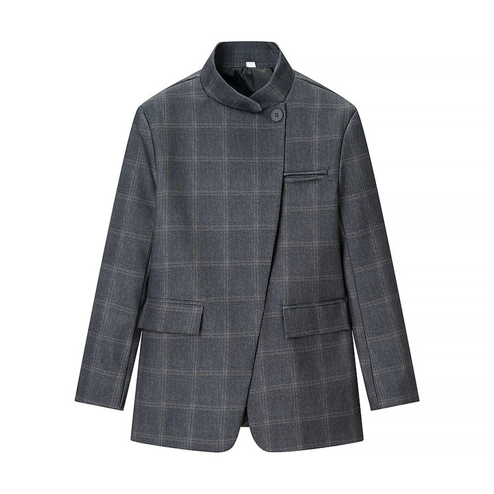 Men's Checked Stand Collar Blazer with Asymmetrical Button Placket and Patching Pockets Mune Fashion