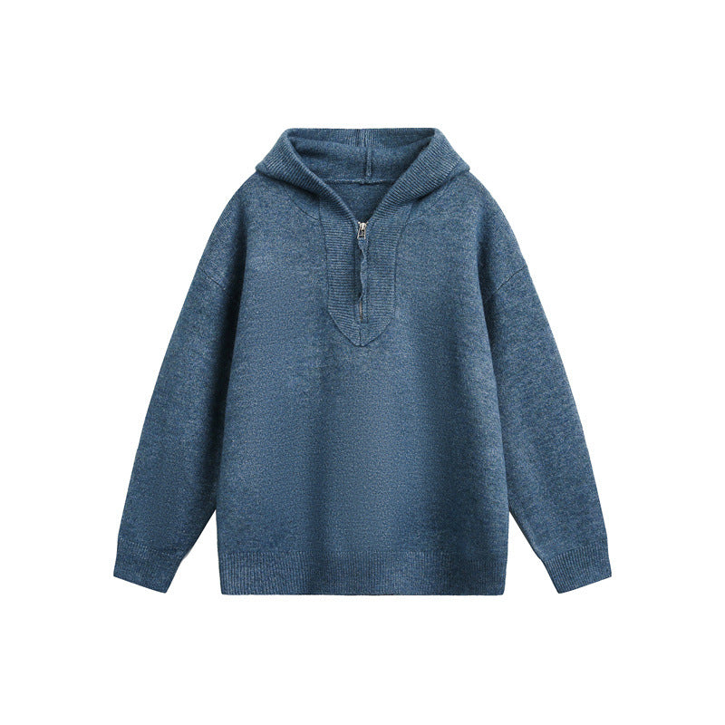 Women's Oversized Knit Sweater with Half Zipper and Hooded Collar Mune Fashion