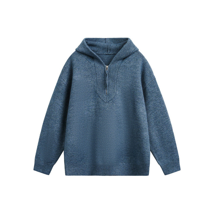Women's Oversized Knit Sweater with Half Zipper and Hooded Collar Mune Fashion
