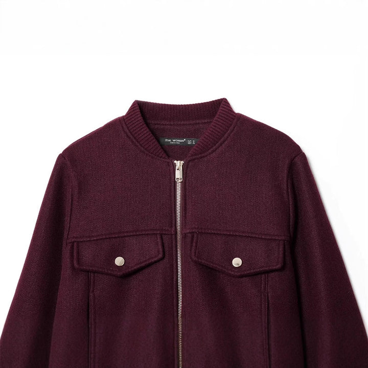Ladies short wool blend bomber jacket with full zip, chest patch pockets and ribbed hem Mune Fashion