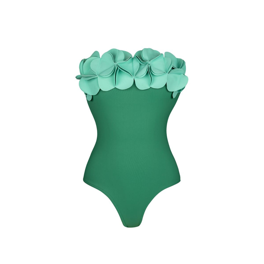 Ladies swimsuit with asymmetric cut and floral appliqués Mune Fashion