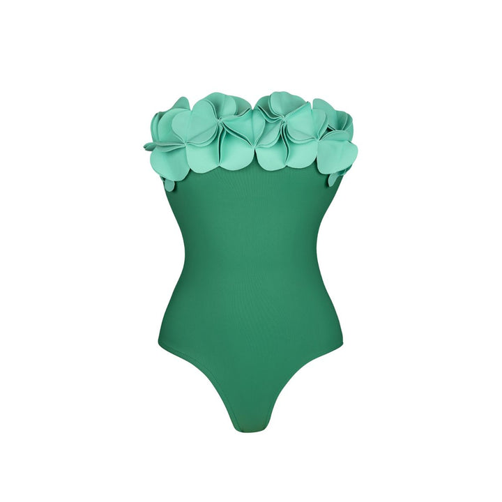 Ladies swimsuit with asymmetric cut and floral appliqués Mune Fashion