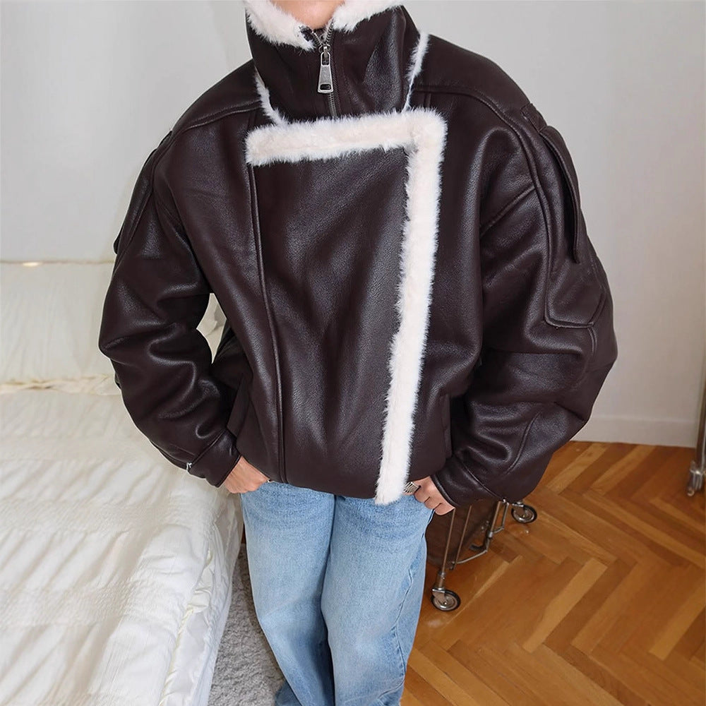 Women's Oversized Flight Jacket made of Faux Leather with Asymmetrical Faux Fur Trim Mune Fashion