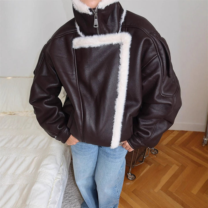 Women's Oversized Flight Jacket made of Faux Leather with Asymmetrical Faux Fur Trim Mune Fashion