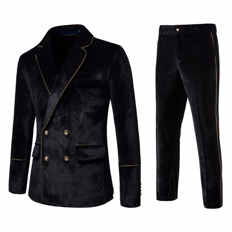 Men's double-breasted velvet suit set with gold piping and slim suit trousers Mune Fashion