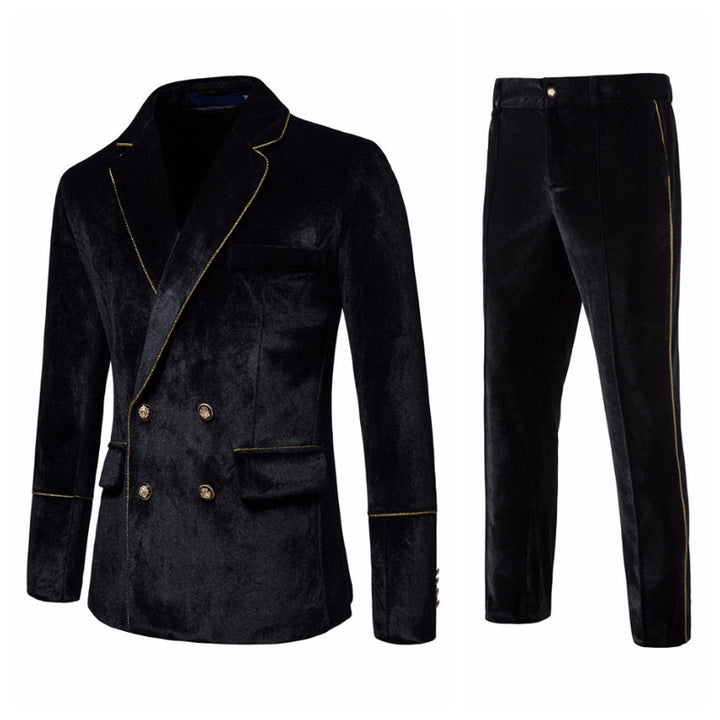 Men's double-breasted velvet suit set with gold piping and slim suit trousers Mune Fashion