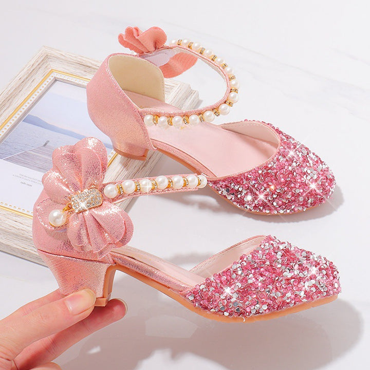 Ladies Elegant and Sparkling Mid-Heel Shoes with Pearl and Bow Details Mune Fashion