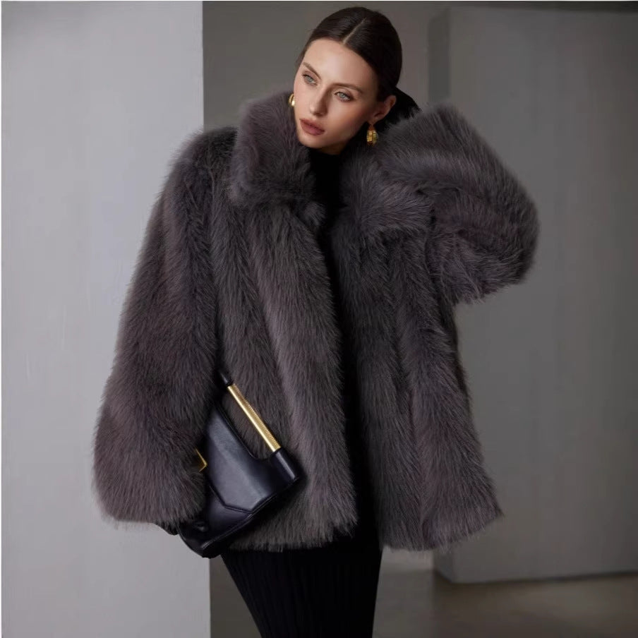 Ladies Short Boxy Faux Fur Jacket with Extra Soft High Pile and Voluminous Shawl Collar Mune Fashion