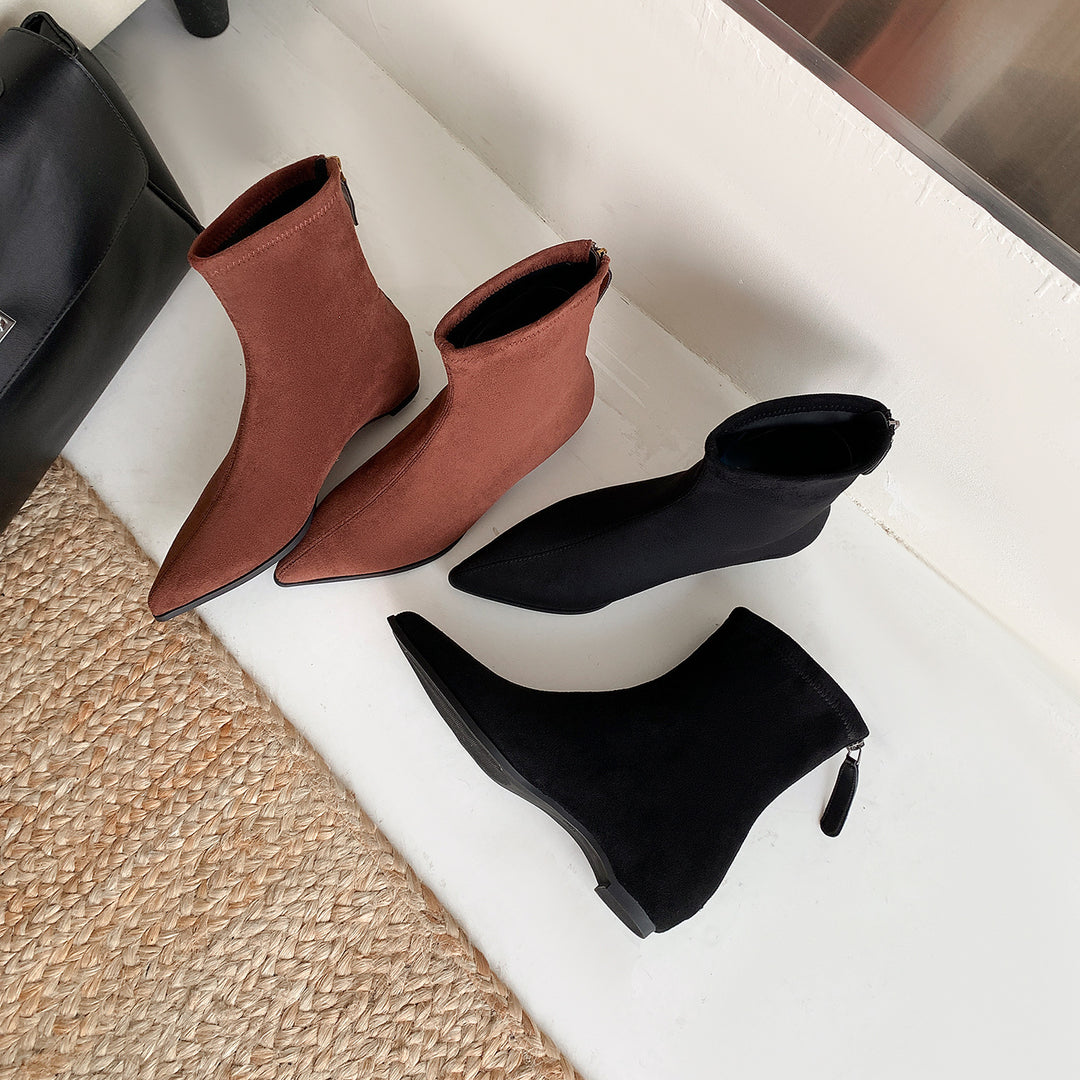 Women Narrow pointed suede ankle boots with hidden wedge heel and heel strap Mune Fashion