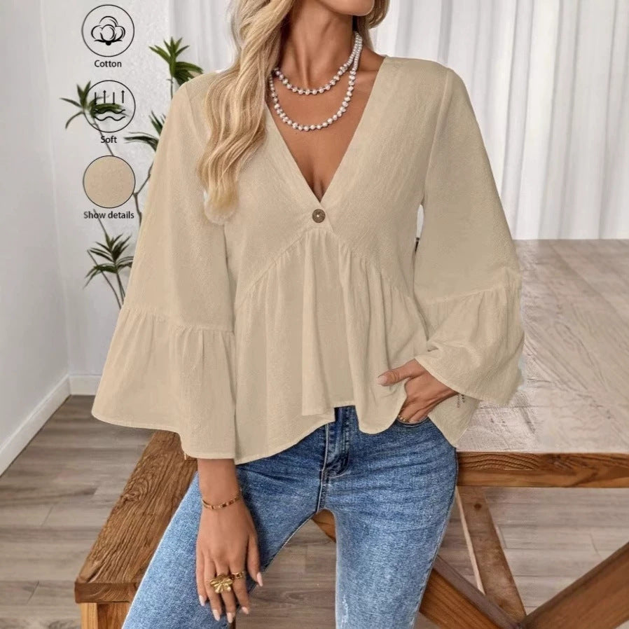 Women's elegant empire blouse with V-neck, gathered bust seam and bell sleeves Mune Fashion