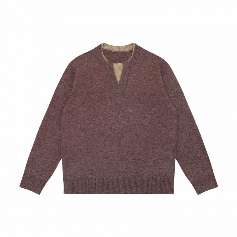 Unisex Mélange-knit sweater with half-neck V-slit and contrasted inner waistband Mune Fashion