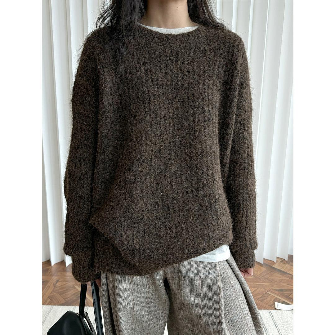 Women Fluffy Oversized Sweater in Mohair Look with Ribbed Textured Knit Mune Fashion