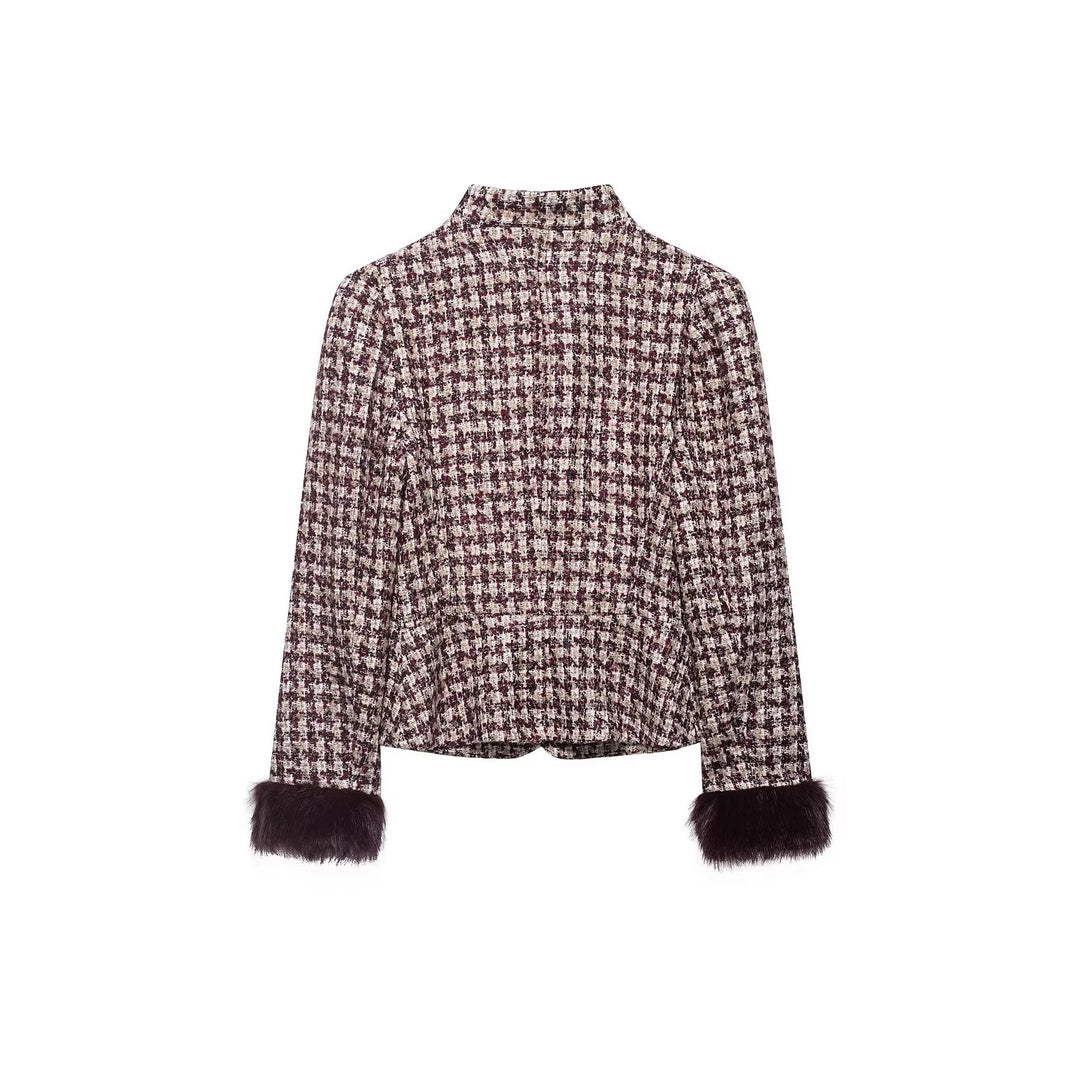 Women Boucle-Tweed Jacket with Stand-up Collar and Faux Fur Cuffs Mune Fashion