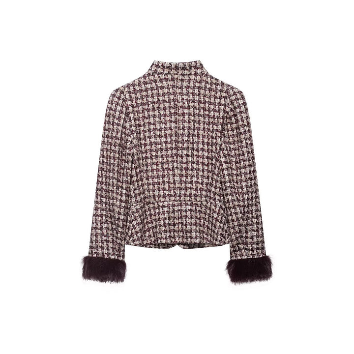 Women Boucle-Tweed Jacket with Stand-up Collar and Faux Fur Cuffs Mune Fashion
