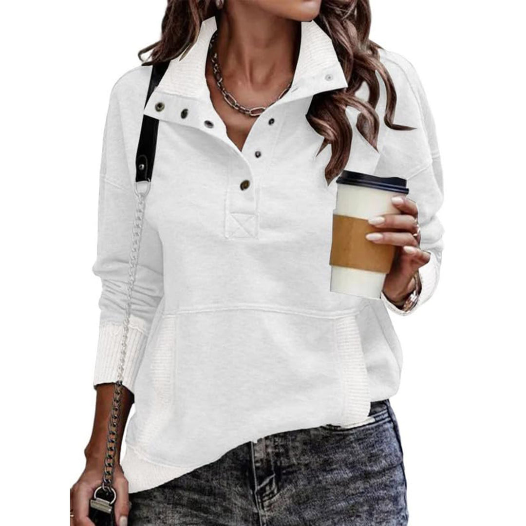 Women's sweat pullover with stand-up collar button placket and kangaroo pocket Mune Fashion