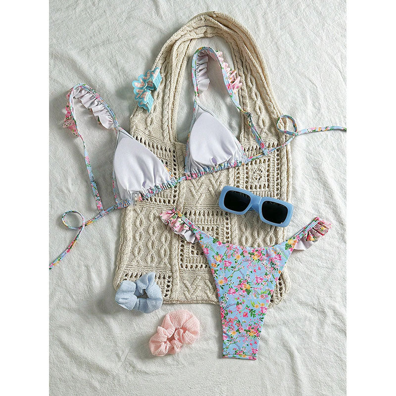 Women Triangle Bikini Set with Ruffle Details and Floral Patterns Mune Fashion