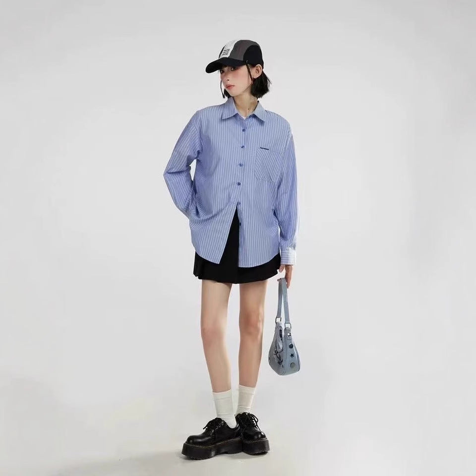 Women’s loosely cut shirt blouse made of cotton blend with breast pocket boxy fit Mune Fashion