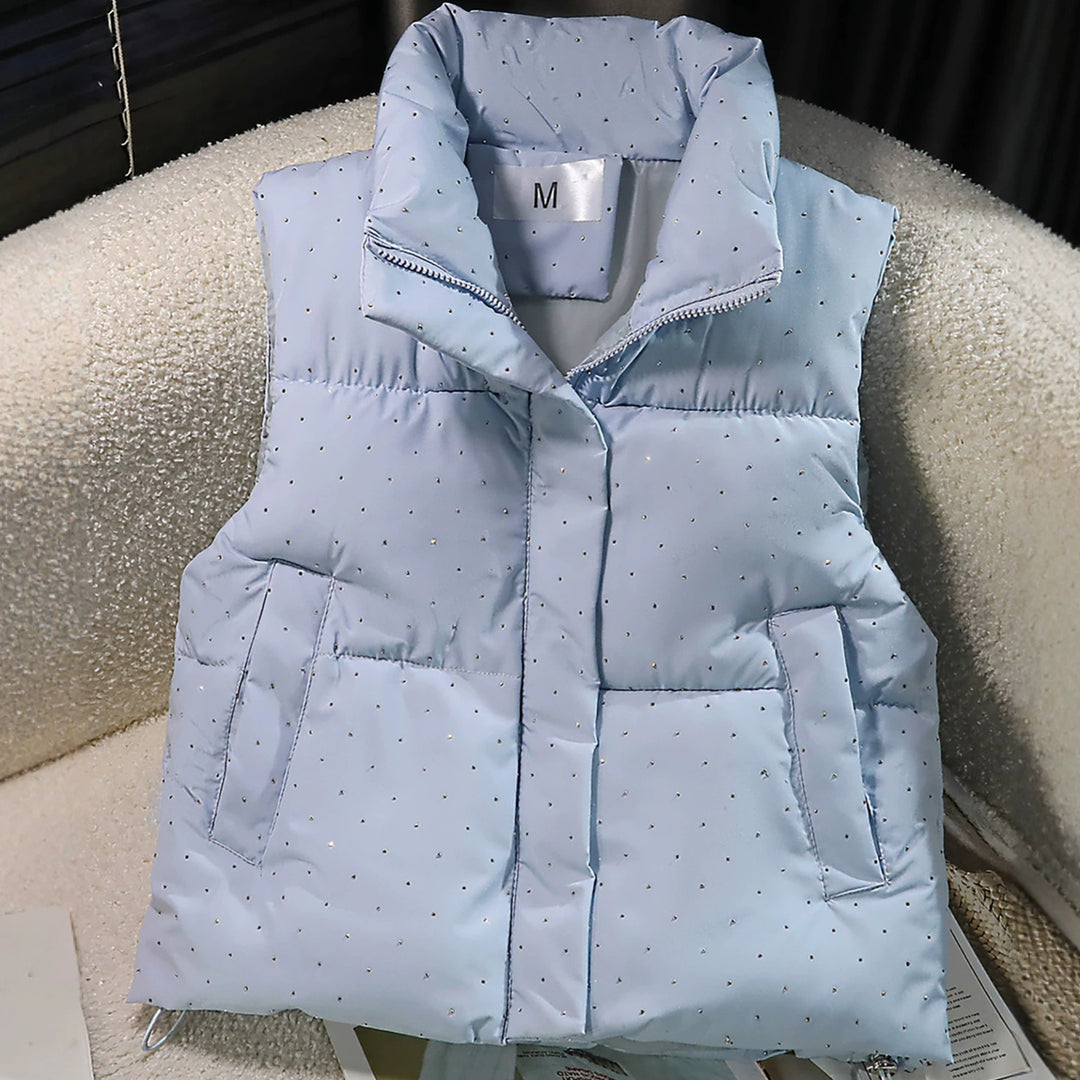 Women's Padded Quilted Vest with High Collar and Discreet Rhinestone Applications Mune Fashion