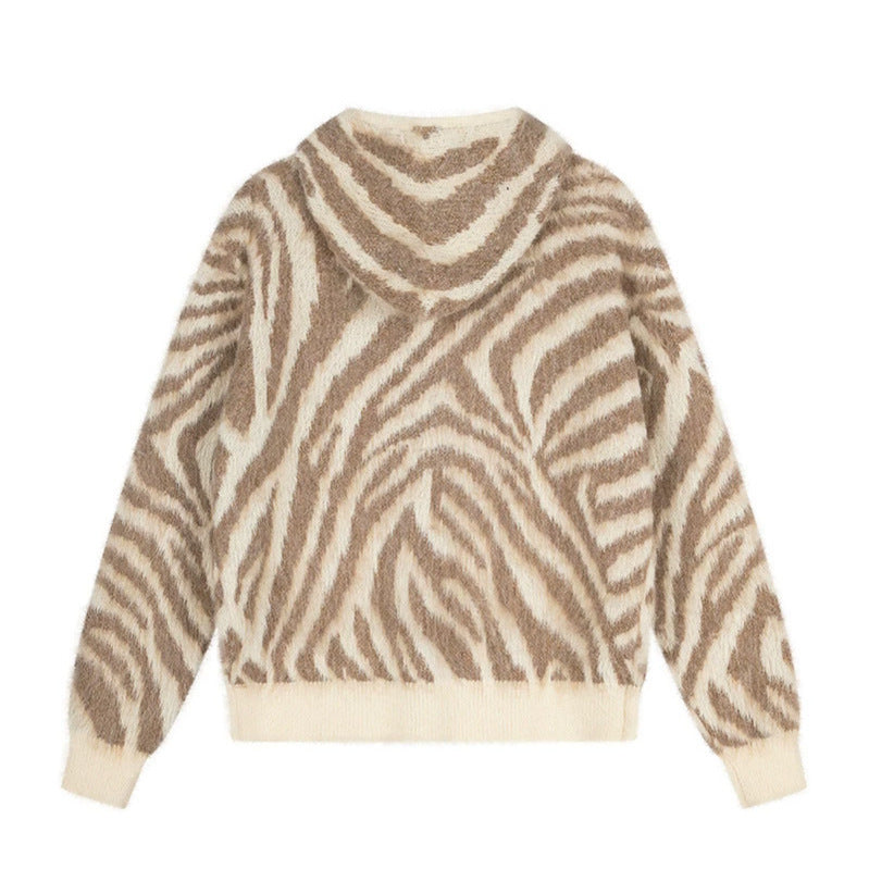 Women's Fluffy Zip Hoodie Cardigan with Zebra Jacquard and Kangaroo Pocket Mune Fashion