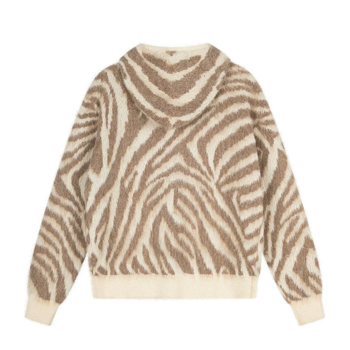 Women's Fluffy Zip Hoodie Cardigan with Zebra Jacquard and Kangaroo Pocket Mune Fashion