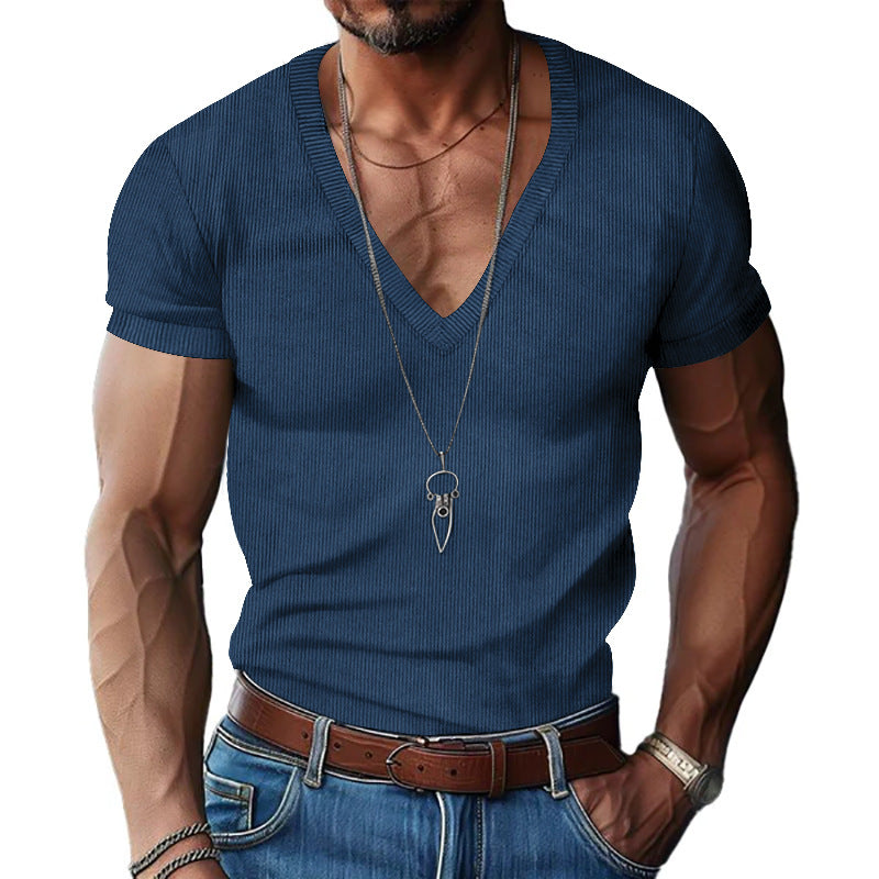 Men's structured V-neck ribbed jersey shirt with short sleeves and a slim fit Mune Fashion