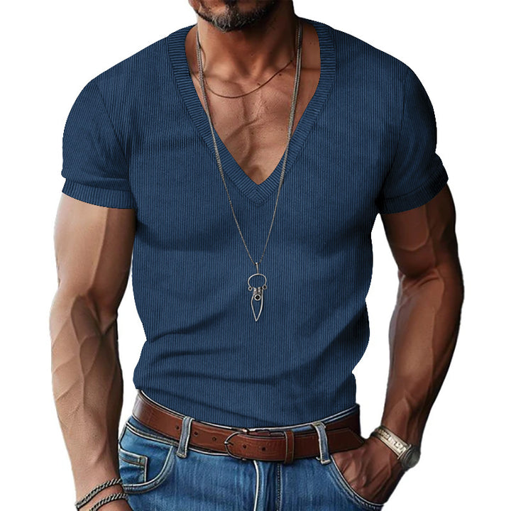 Men's structured V-neck ribbed jersey shirt with short sleeves and a slim fit Mune Fashion