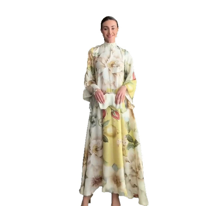 Women Floral Maxi Dress with High Stand Collar and Wide Bell Sleeves Mune Fashion