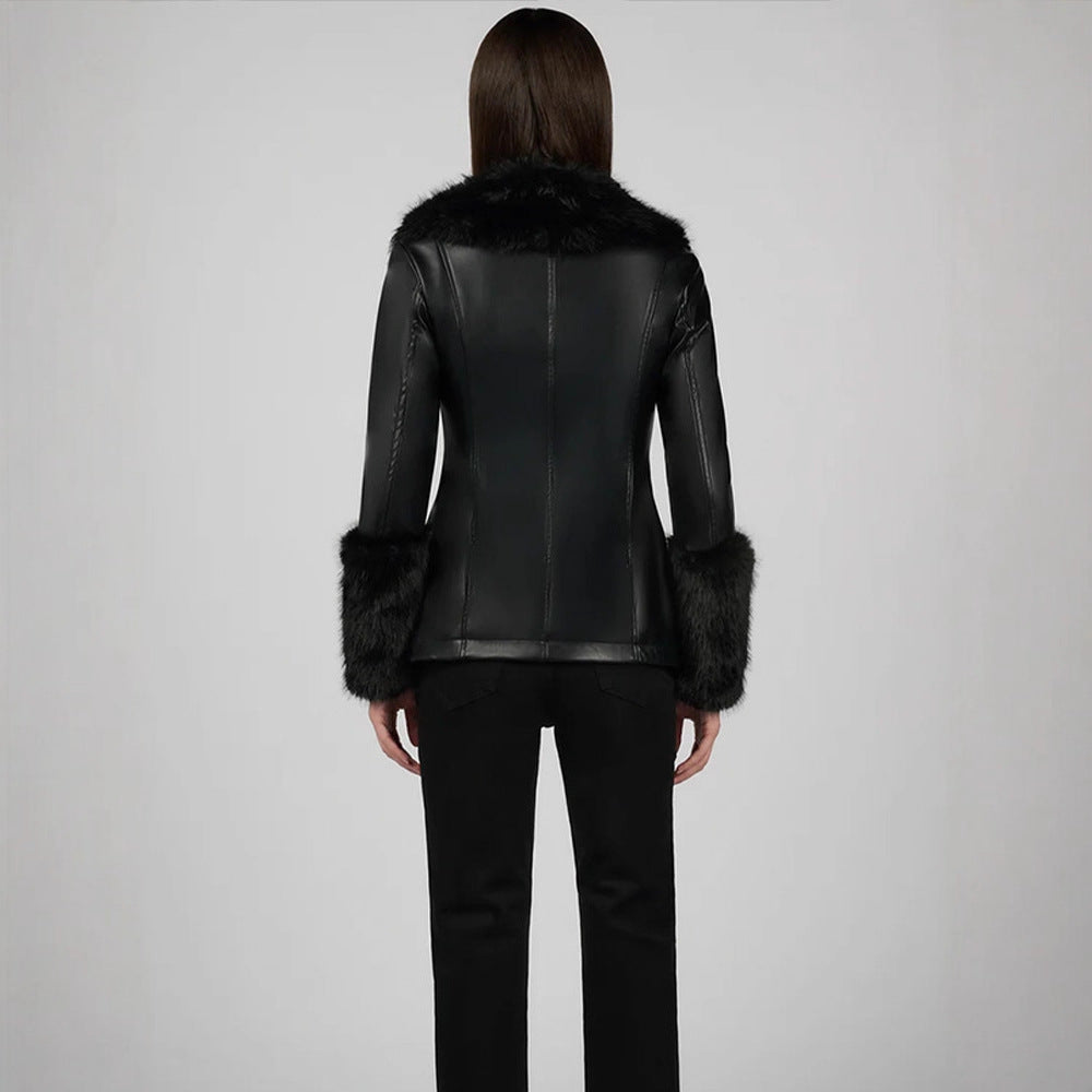 Women's Tailored Faux Leather Midi Coat with Wiener Seams, Voluminous Faux Fur Shawl Collar & Fur Cuffs Mune Fashion