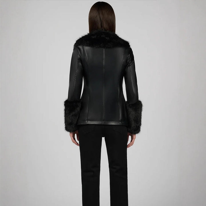 Women's Tailored Faux Leather Midi Coat with Wiener Seams, Voluminous Faux Fur Shawl Collar & Fur Cuffs Mune Fashion