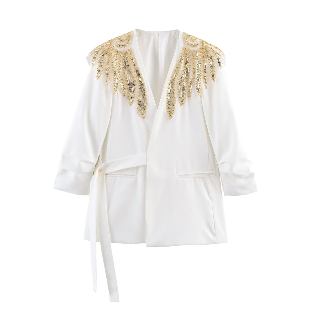 Women's Longline Blazer with Gold Embroidered Shoulders and Tied Belt Mune Fashion