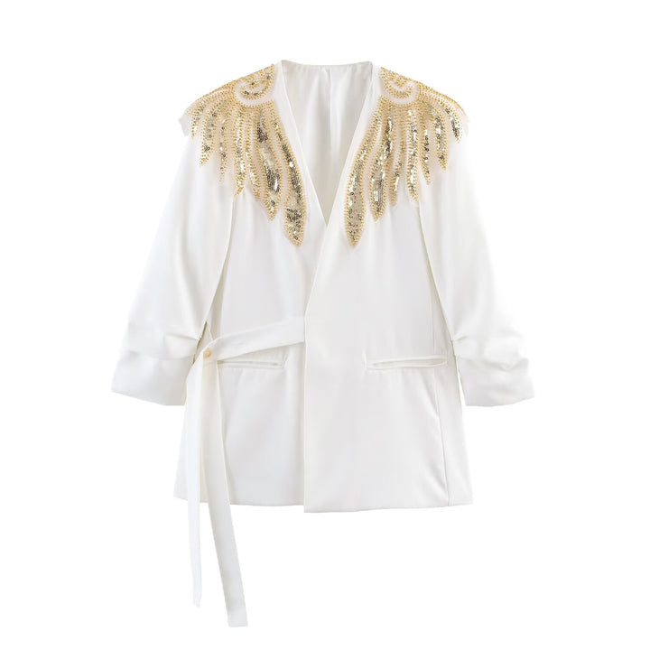 Women's Longline Blazer with Gold Embroidered Shoulders and Tied Belt Mune Fashion