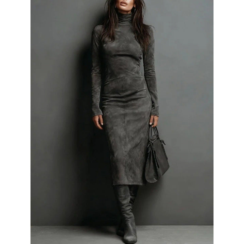 Women's Fitted Midi Dress in Velvet Look with Roll Neck and Tailored Silhouette Mune Fashion