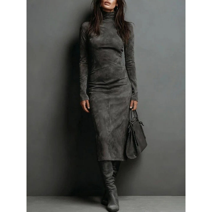 Women's Fitted Midi Dress in Velvet Look with Roll Neck and Tailored Silhouette Mune Fashion