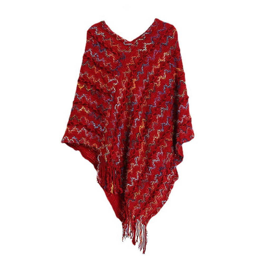 Women's Knitted V-Neck Poncho with Fringe and Structured Jacquard Mune Fashion