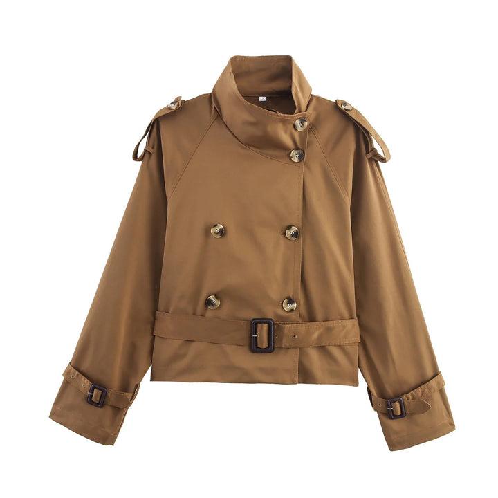 Women's short tailored trench coat in cropped style with double-breasted, shoulder epaulettes, and waist belt Mune Fashion