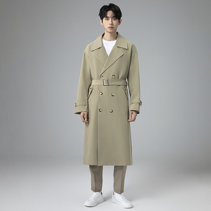 Men's Maxi-Length Trench Coat with Shaping Belt and Minimalist Silhouette Mune Fashion