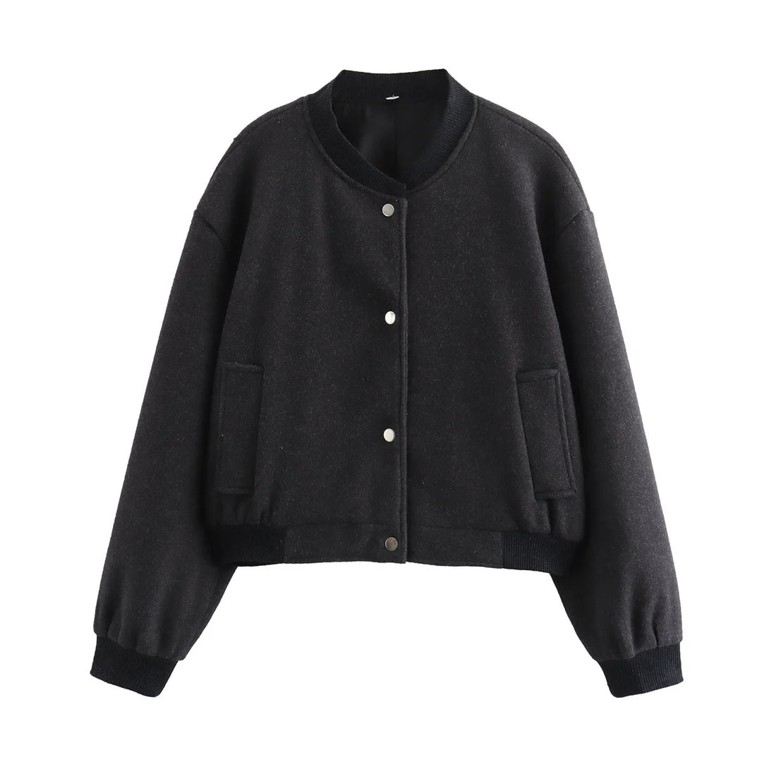 Women nan cropped boxy bomber jacket made of soft velvet imitation with ribbed cuffs and concealed snap button placket Mune Fashion