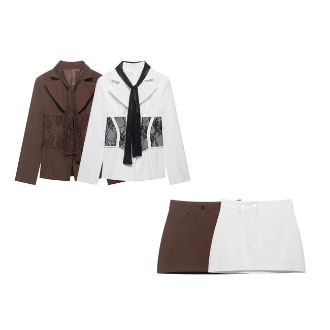 Women Tailored Blazer with Lace Inserts and Integrated Lace Scarf Mune Fashion
