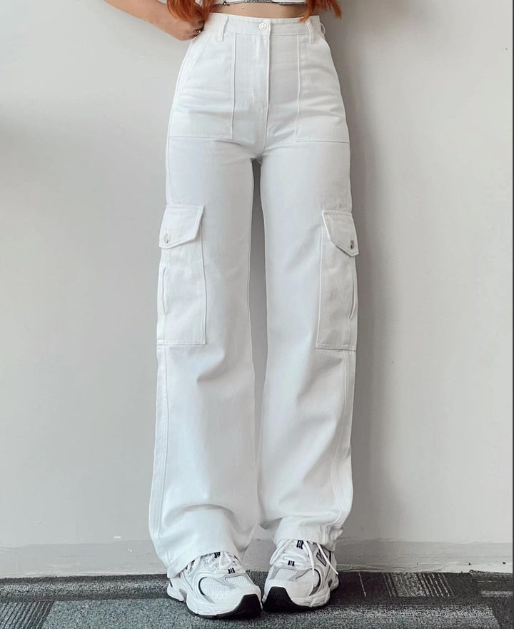 Women's High-Waist Cargo Pants made of Twill with Flap Pockets and Wide Leg Mune Fashion