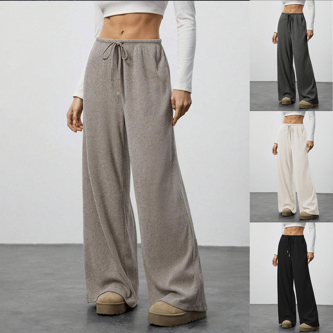 Women's Soft Ribbed Lounge Pants with Wide Leg and Drawstring Mune Fashion