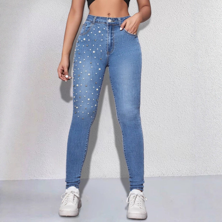 Women High-Rise Sculpting Skinny Jeans with Asymmetric Pearl Pattern Mune Fashion