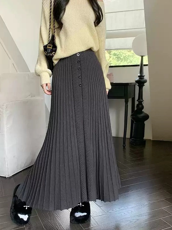 Ladies Elegant Pleated Maxi Skirt with Button Details Mune Fashion
