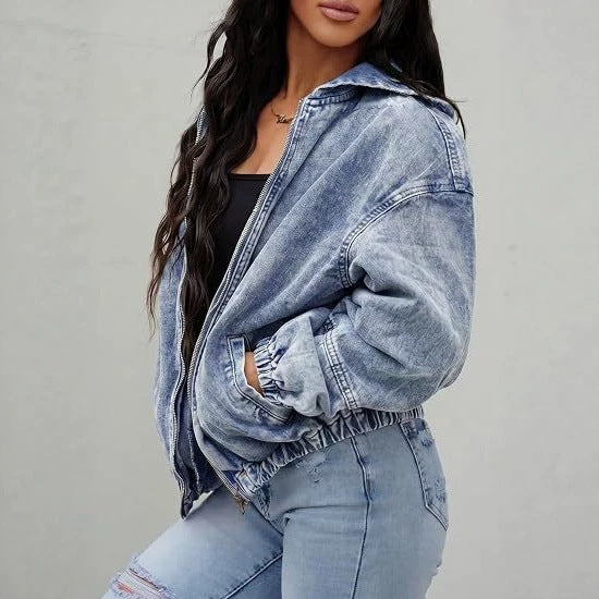 Women's Oversized Denim Jacket with Hood, Zipper and Ruched Hem Mune Fashion
