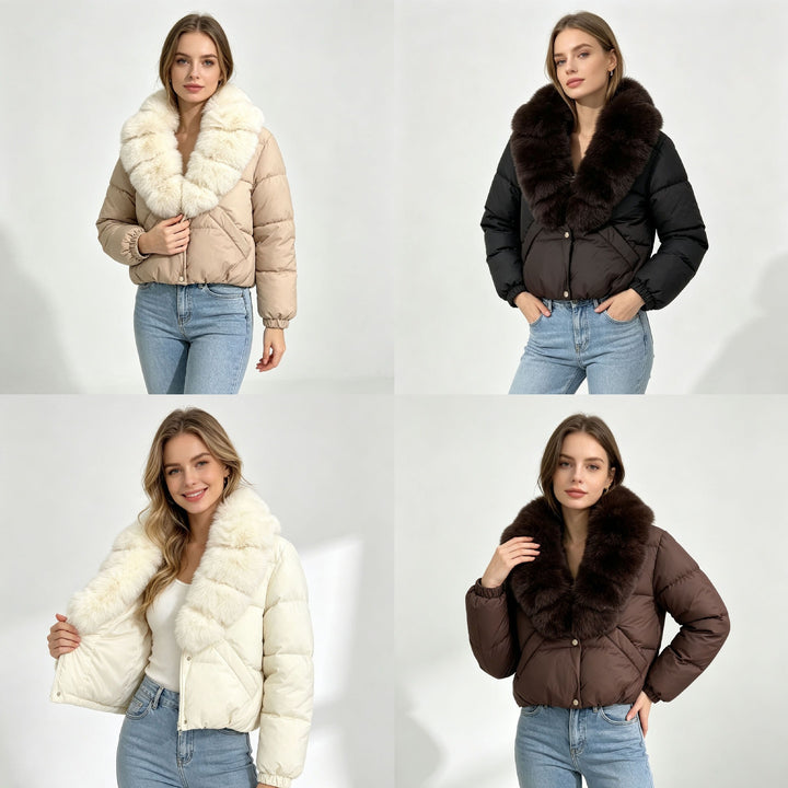 Women's cropped padded jacket with extra voluminous faux fur shawl collar and elastic cuffs Mune Fashion