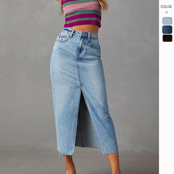 Women's high-waisted midi denim skirt with center front slit and raw hem Mune Fashion