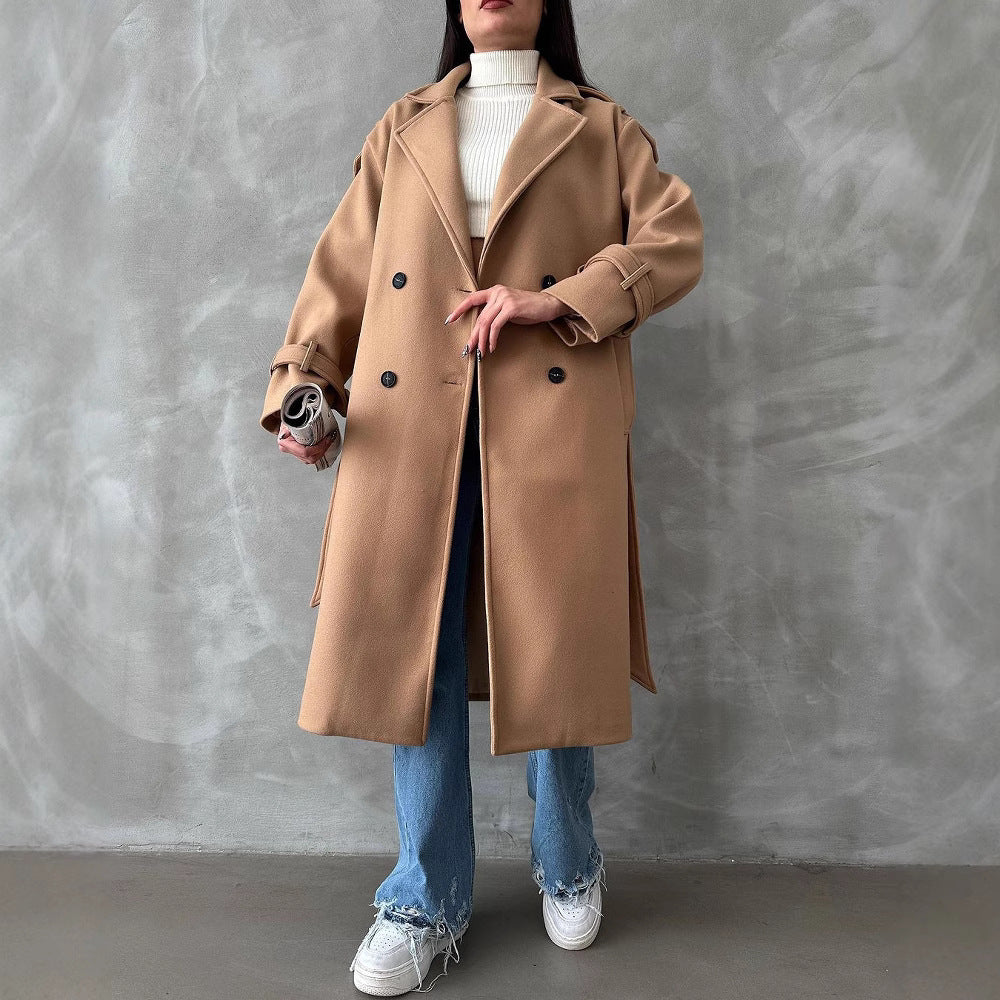 Women's Oversized Wool Blend Coat with Double-Breasted Button Placket and Waist Belt Mune Fashion