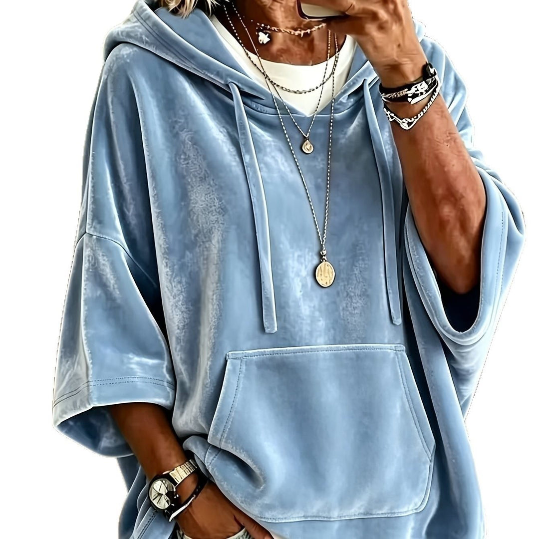 Women's Oversize Velvet Hoodie with Half Sleeves, Hood, and Kangaroo Pocket Mune Fashion