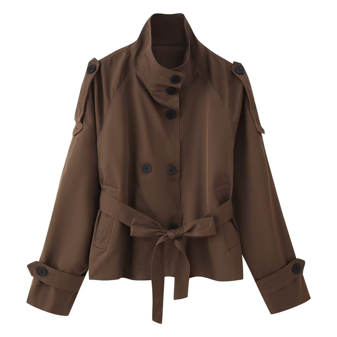Women's 400+ short fitted trench jacket with stand-up collar, double-breasted button placket and belt Mune Fashion