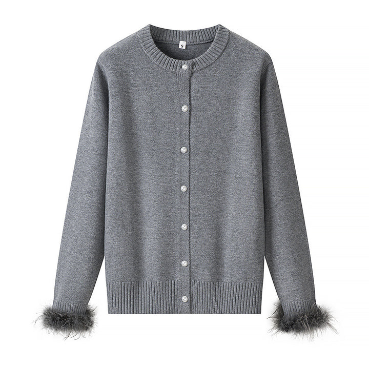 Women's knitted cardigan with pearl-button placket and feather trim Mune Fashion