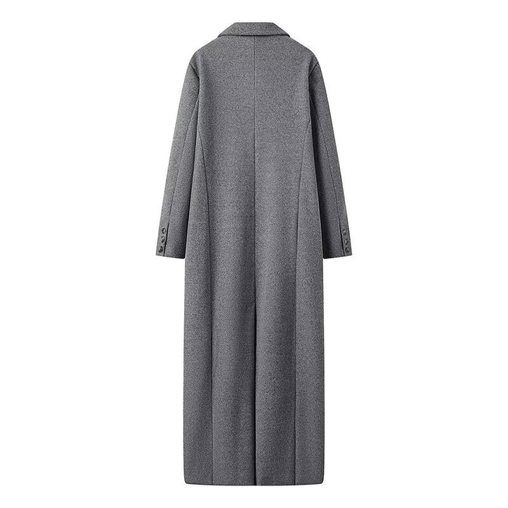 Women's extra long oversized wool blend coat with shawl collar, double-breasted button placket, and patch pockets Mune Fashion